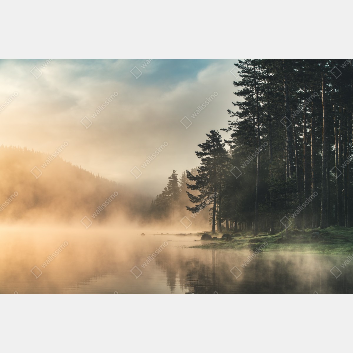 Plakat mglisty wschód słońca nad leśnym jeziorem – Wallissimo® Plakat mglisty wschód słońca nad leśnym jeziorem – Wallissimo®