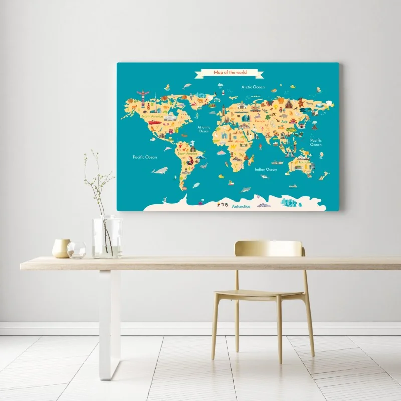 Obraz na płótnie kolorowa ilustrowana mapa świata dla dzieci – Wallissimo® Obraz na płótnie kolorowa ilustrowana mapa świata dla dzieci – Wallissimo®