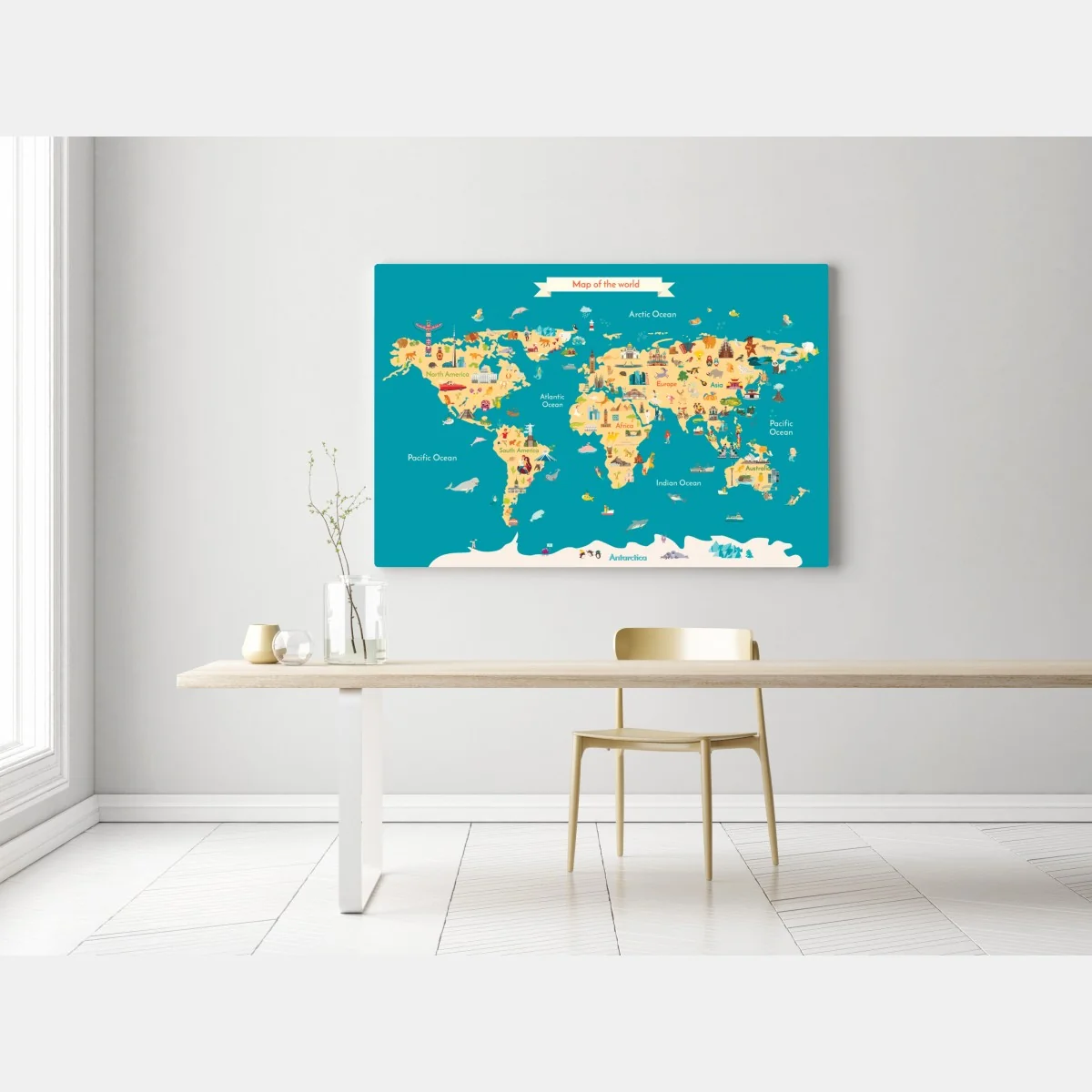 Obraz na płótnie kolorowa ilustrowana mapa świata dla dzieci – Wallissimo® Obraz na płótnie kolorowa ilustrowana mapa świata dla dzieci – Wallissimo®