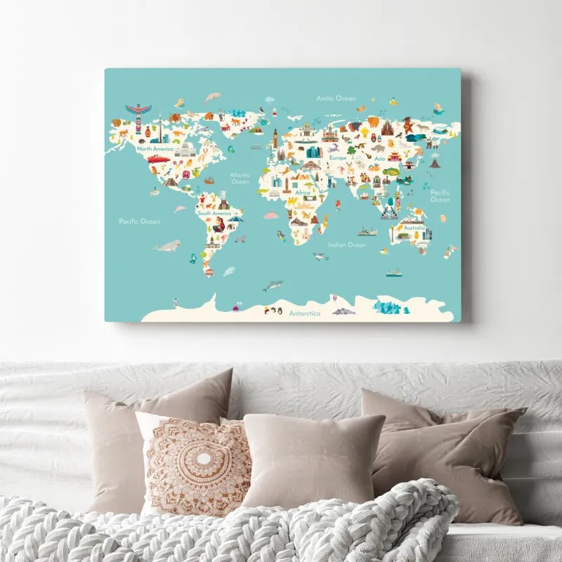 Obraz na płótnie kolorowa ilustrowana mapa świata dla dzieci – Wallissimo® Obraz na płótnie kolorowa ilustrowana mapa świata dla dzieci – Wallissimo®