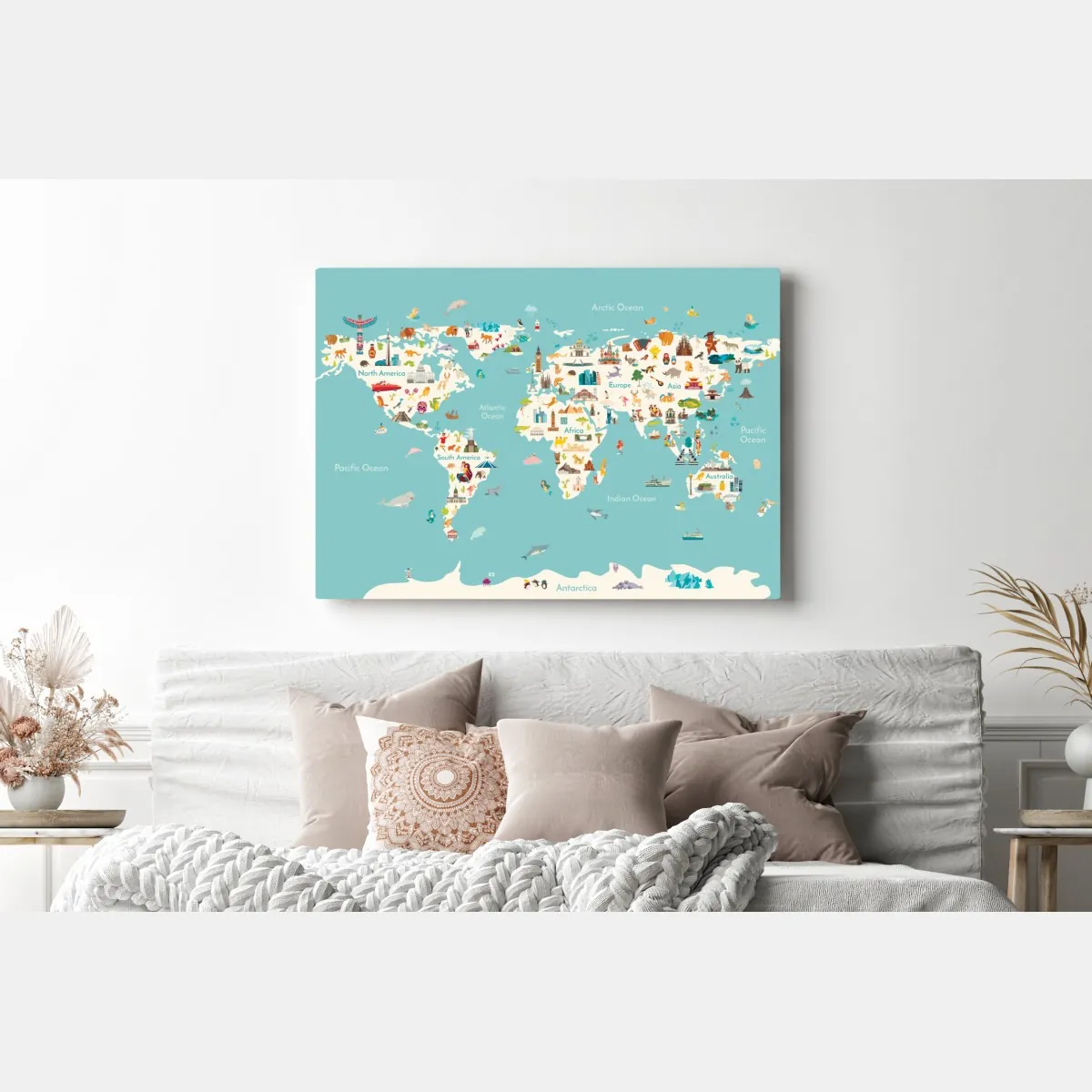 Obraz na płótnie kolorowa ilustrowana mapa świata dla dzieci – Wallissimo® Obraz na płótnie kolorowa ilustrowana mapa świata dla dzieci – Wallissimo®