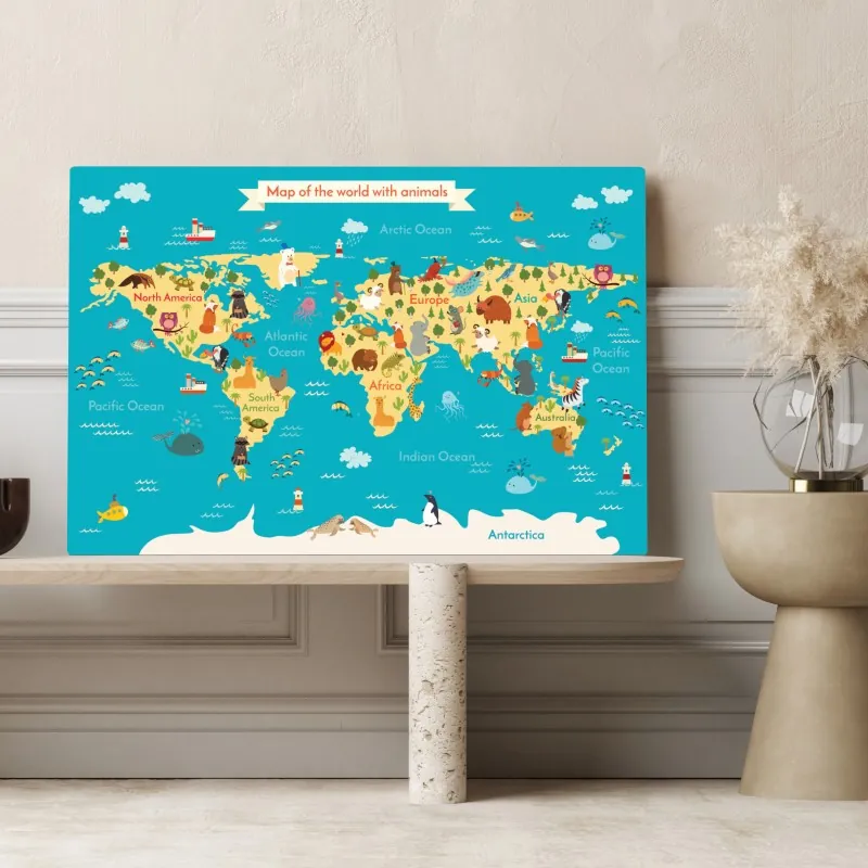 Obraz na płótnie zabawna mapa świata ze zwierzętami – Wallissimo® Obraz na płótnie zabawna mapa świata ze zwierzętami – Wallissimo®