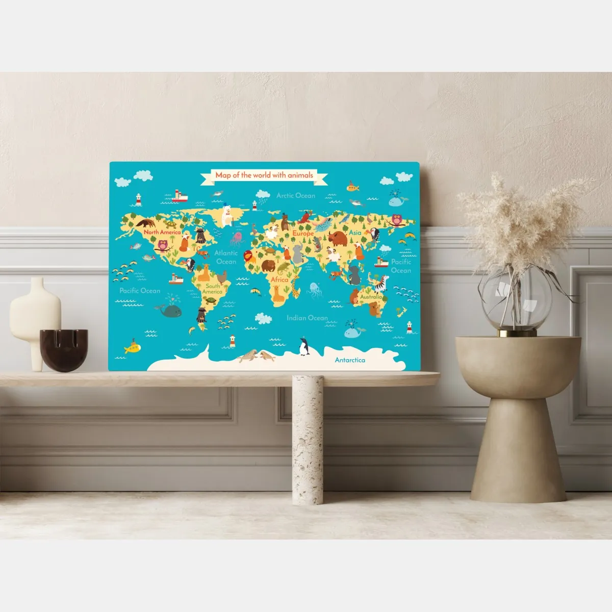 Obraz na płótnie zabawna mapa świata ze zwierzętami – Wallissimo® Obraz na płótnie zabawna mapa świata ze zwierzętami – Wallissimo®