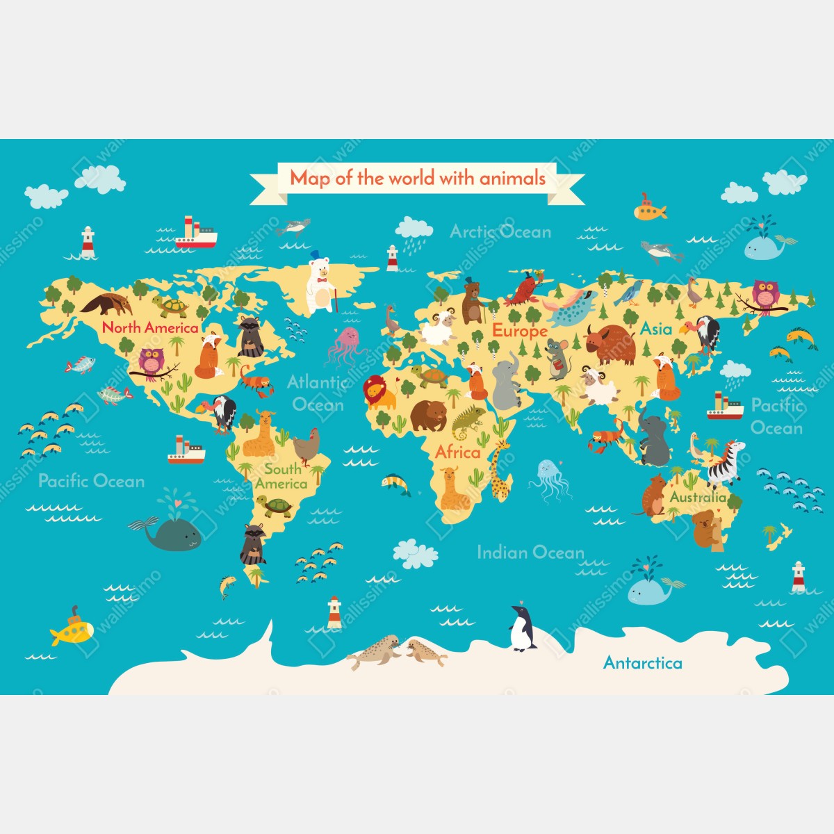 Obraz na płótnie zabawna mapa świata ze zwierzętami – Wallissimo® Obraz na płótnie zabawna mapa świata ze zwierzętami – Wallissimo®
