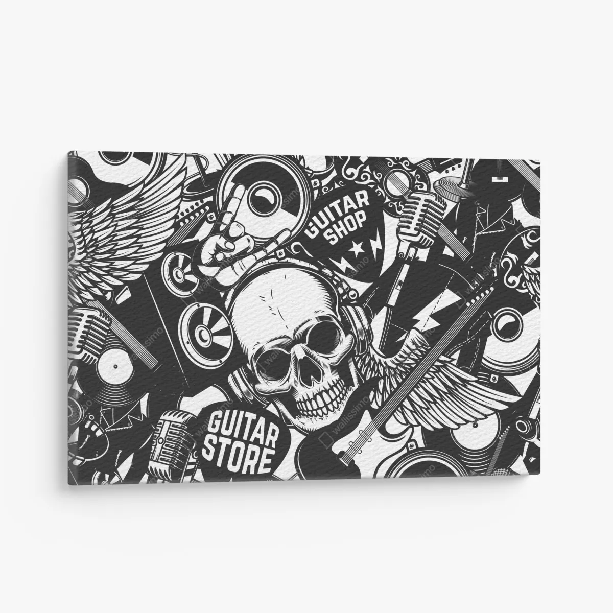 Obraz na płótnie rockowy kolaż z czaszką i gitarami – Wallissimo® Obraz na płótnie rockowy kolaż z czaszką i gitarami – Wallissimo®