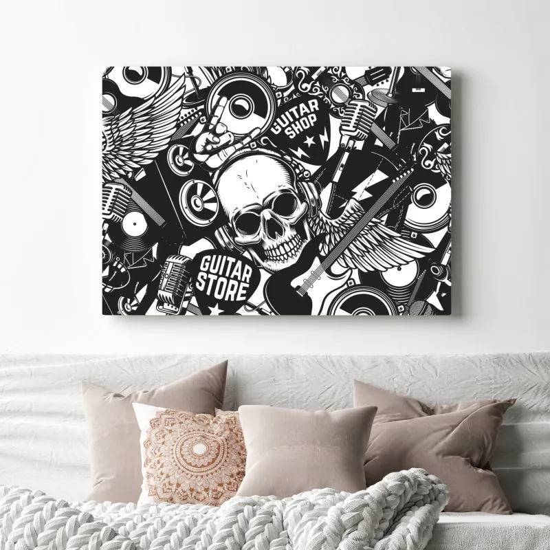 Obraz na płótnie rockowy kolaż z czaszką i gitarami – Wallissimo® Obraz na płótnie rockowy kolaż z czaszką i gitarami – Wallissimo®