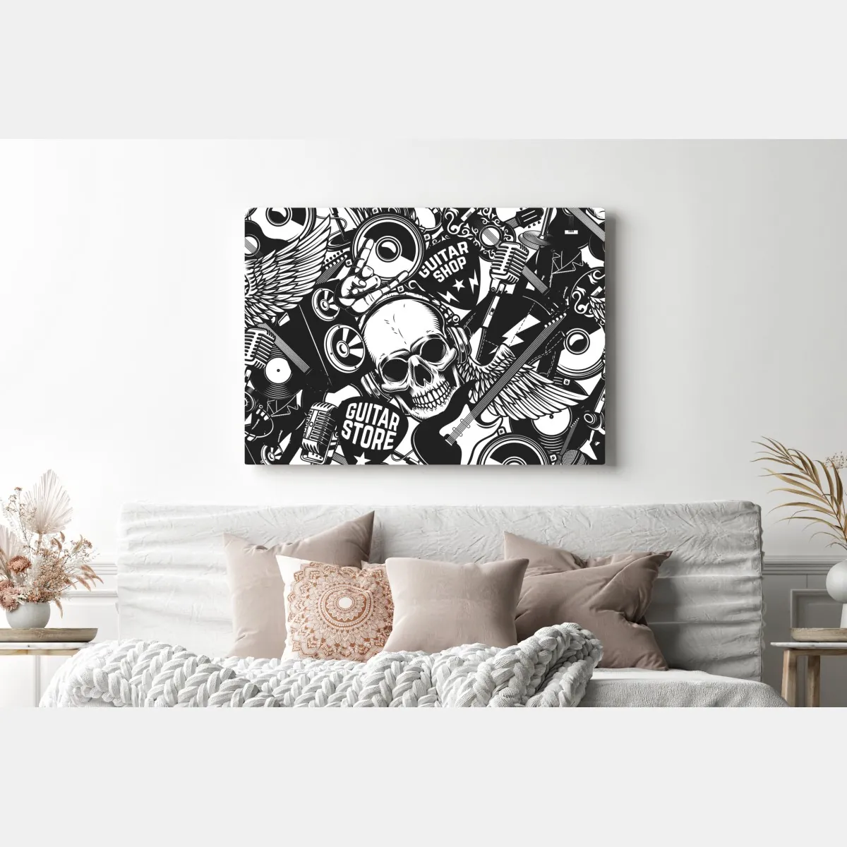 Obraz na płótnie rockowy kolaż z czaszką i gitarami – Wallissimo® Obraz na płótnie rockowy kolaż z czaszką i gitarami – Wallissimo®