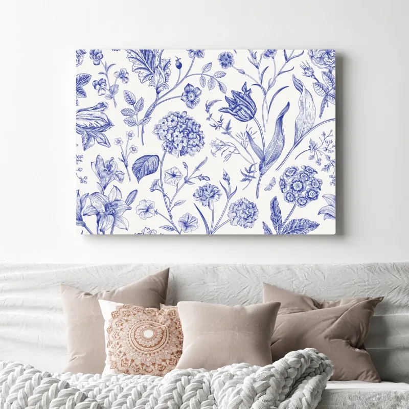 Obraz na płótnie klasyczny niebieski wzór toile z motywem kwiatowym – Wallissimo® Obraz na płótnie klasyczny niebieski wzór toile z motywem kwiatowym – Wallissimo®