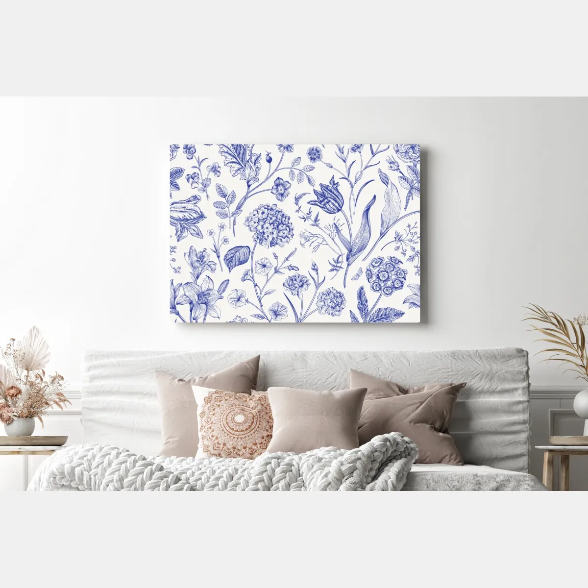 Obraz na płótnie klasyczny niebieski wzór toile z motywem kwiatowym – Wallissimo® Obraz na płótnie klasyczny niebieski wzór toile z motywem kwiatowym – Wallissimo®
