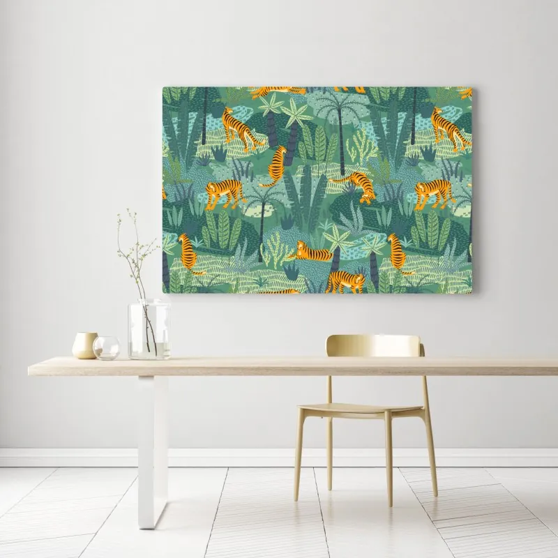 Obraz na płótnie tygrysy w tropikalnej dżungli – Wallissimo® Obraz na płótnie tygrysy w tropikalnej dżungli – Wallissimo®