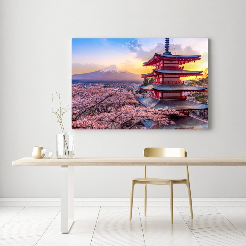 Obraz na płótnie zachód słońca nad Górą Fudżi i pagodą Chureito – Wallissimo® Obraz na płótnie zachód słońca nad Górą Fudżi i pagodą Chureito – Wallissimo®