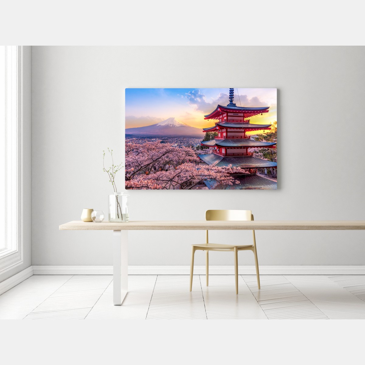 Obraz na płótnie zachód słońca nad Górą Fudżi i pagodą Chureito – Wallissimo® Obraz na płótnie zachód słońca nad Górą Fudżi i pagodą Chureito – Wallissimo®