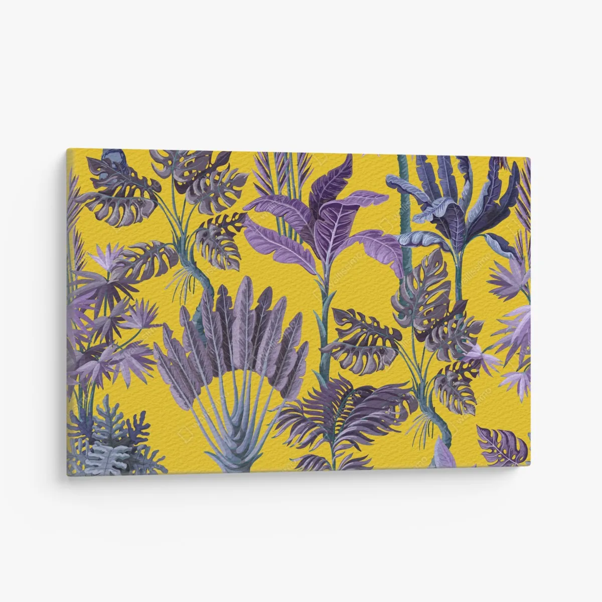 Obraz na płótnie tropikalne fioletowe liście na żółtym tle – Wallissimo® Obraz na płótnie tropikalne fioletowe liście na żółtym tle – Wallissimo®