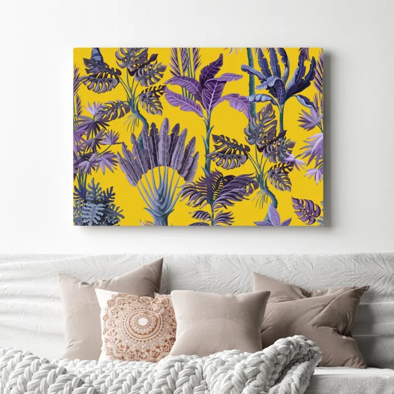 Obraz na płótnie tropikalne fioletowe liście na żółtym tle – Wallissimo® Obraz na płótnie tropikalne fioletowe liście na żółtym tle – Wallissimo®