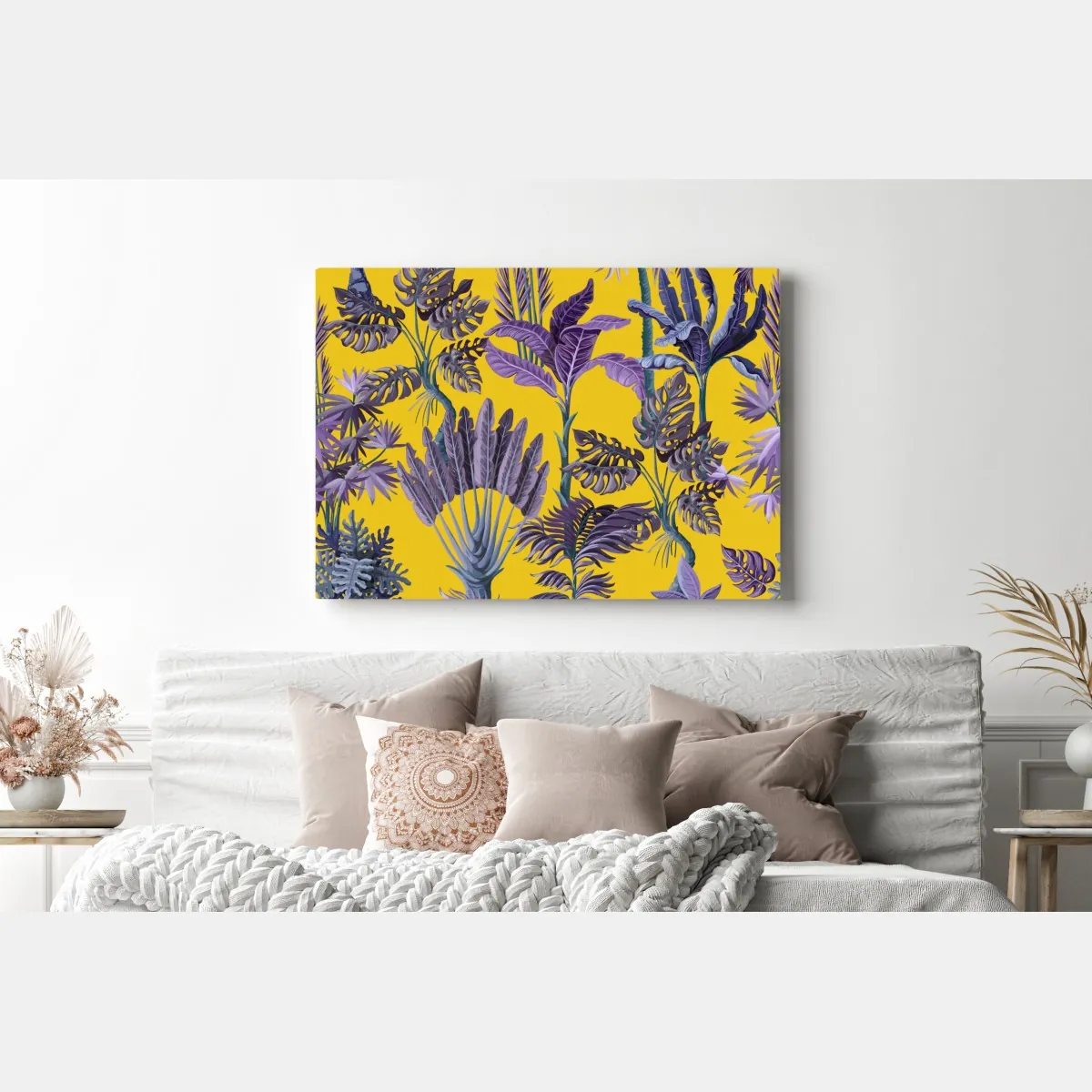 Obraz na płótnie tropikalne fioletowe liście na żółtym tle – Wallissimo® Obraz na płótnie tropikalne fioletowe liście na żółtym tle – Wallissimo®