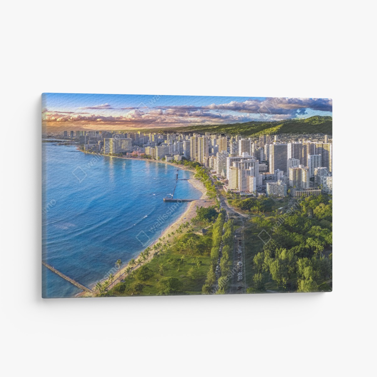 Canvas print coastal city skyline at sunset