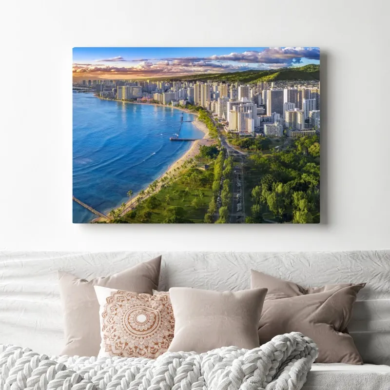 Obraz na płótnie panorama nadmorskiego miasta o zachodzie słońca – Wallissimo® Obraz na płótnie panorama nadmorskiego miasta o zachodzie słońca – Wallissimo®