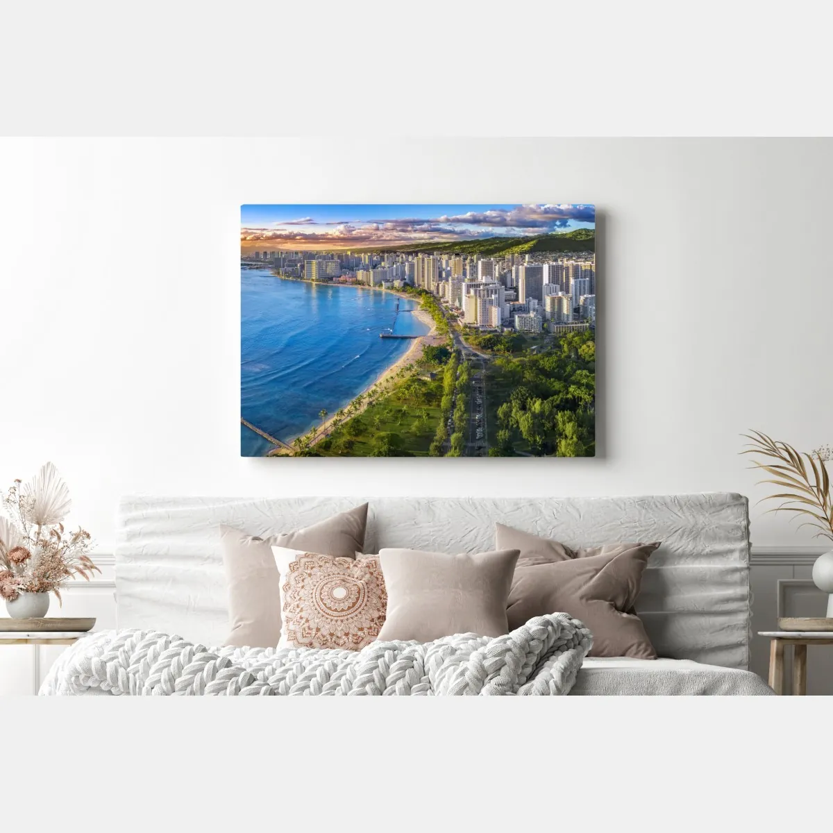 Obraz na płótnie panorama nadmorskiego miasta o zachodzie słońca – Wallissimo® Obraz na płótnie panorama nadmorskiego miasta o zachodzie słońca – Wallissimo®