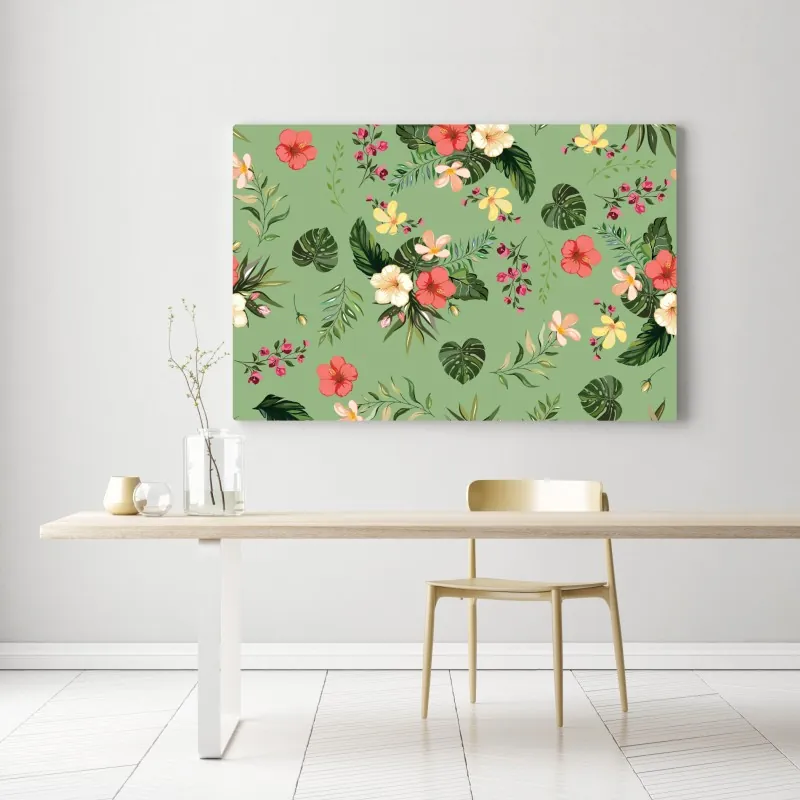 Obraz na płótnie zielony tropikalny wzór hibiskusa – Wallissimo® Obraz na płótnie zielony tropikalny wzór hibiskusa – Wallissimo®