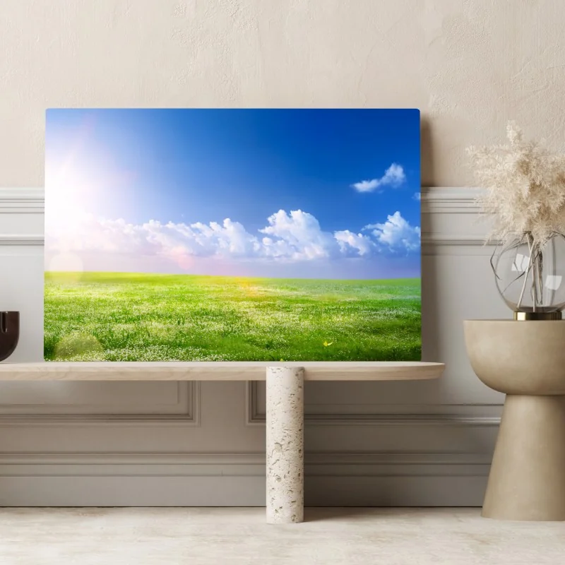 Obraz na płótnie słoneczna wiosenna łąka pod niebieskim niebem – Wallissimo® Obraz na płótnie słoneczna wiosenna łąka pod niebieskim niebem – Wallissimo®