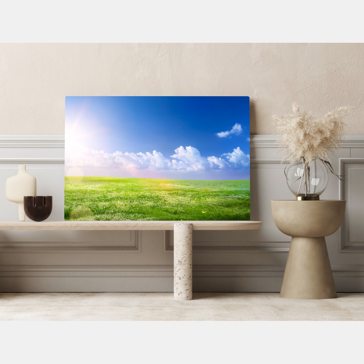 Obraz na płótnie słoneczna wiosenna łąka pod niebieskim niebem – Wallissimo® Obraz na płótnie słoneczna wiosenna łąka pod niebieskim niebem – Wallissimo®