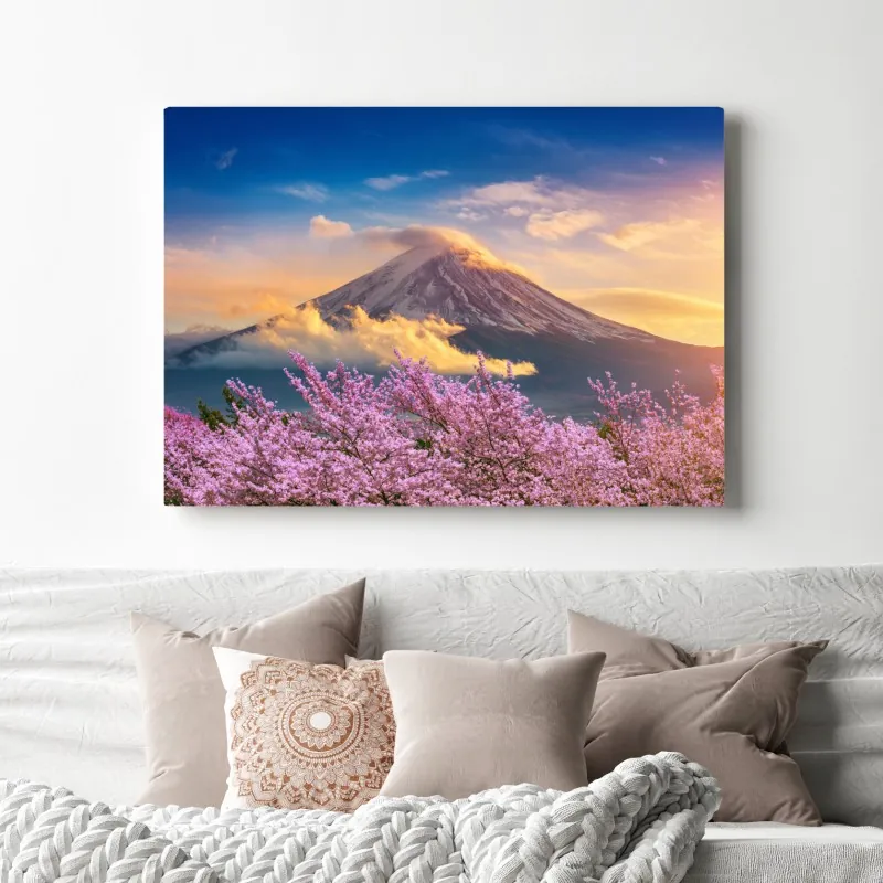 Obraz na płótnie Góra Fuji z kwitnącą sakurą o wschodzie słońca – Wallissimo® Obraz na płótnie Góra Fuji z kwitnącą sakurą o wschodzie słońca – Wallissimo®