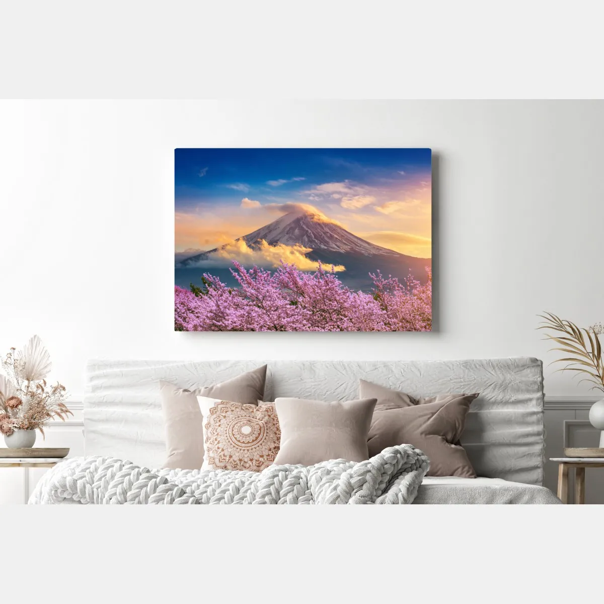 Obraz na płótnie Góra Fuji z kwitnącą sakurą o wschodzie słońca – Wallissimo® Obraz na płótnie Góra Fuji z kwitnącą sakurą o wschodzie słońca – Wallissimo®