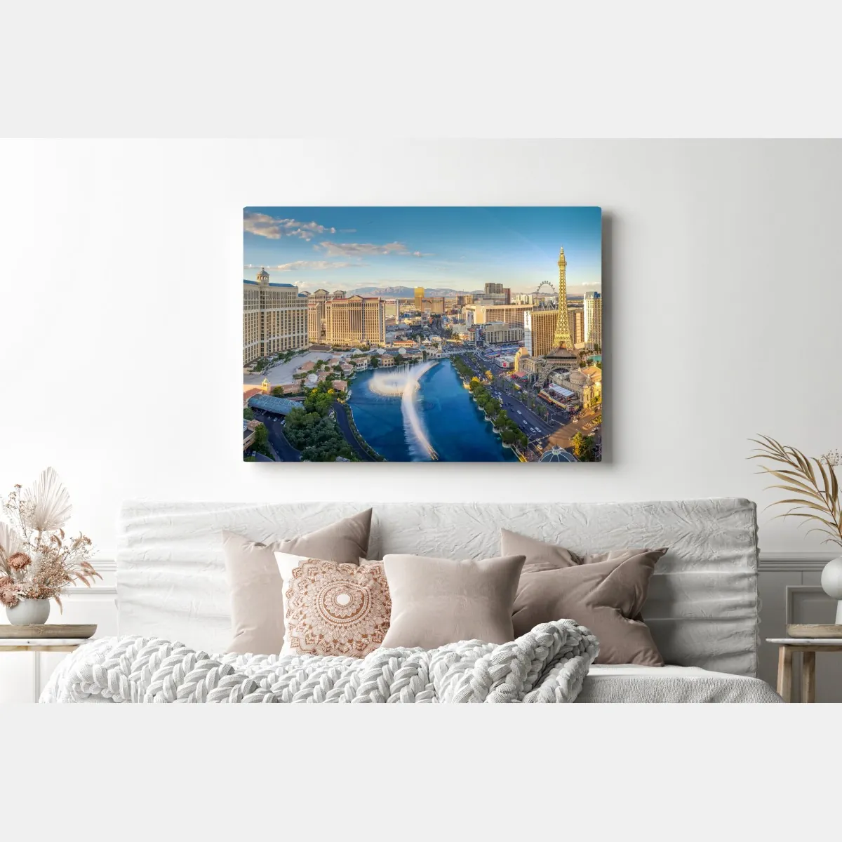 Obraz na płótnie słoneczna panorama Las Vegas z tańczącymi fontannami i wieżą Eiffla – Wallissimo® Obraz na płótnie słoneczna panorama Las Vegas z tańczącymi fontannami i wieżą Eiffla – Wallissimo®