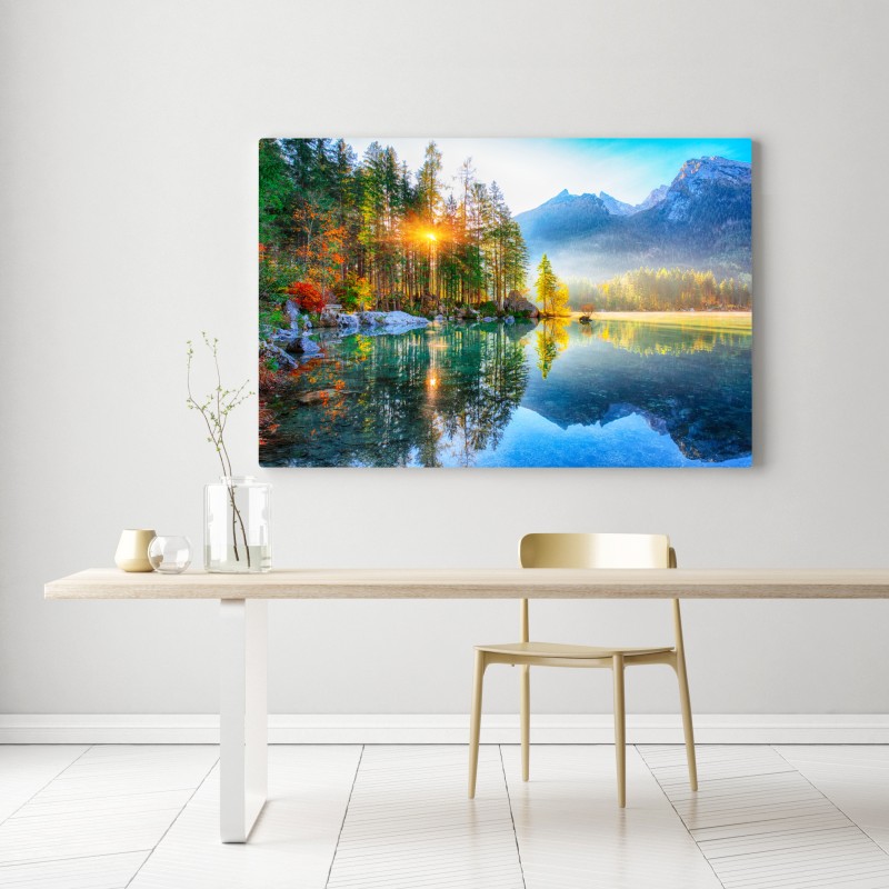 Obraz na płótnie Hintersee jesienny wschód słońca nad turkusowym jeziorem – Wallissimo® Obraz na płótnie Hintersee jesienny wschód słońca nad turkusowym jeziorem – Wallissimo®