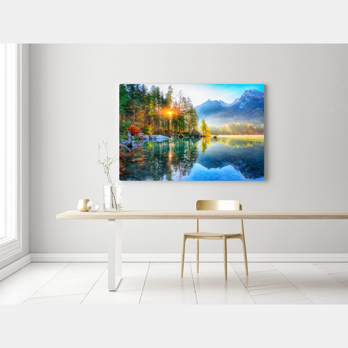 Obraz na płótnie Hintersee jesienny wschód słońca nad turkusowym jeziorem – Wallissimo® Obraz na płótnie Hintersee jesienny wschód słońca nad turkusowym jeziorem – Wallissimo®