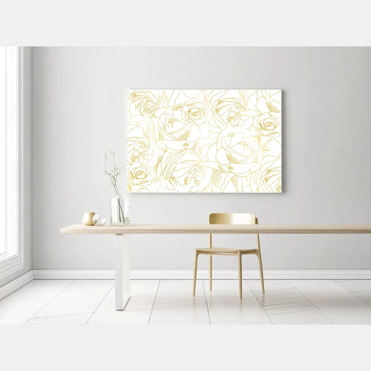 Obraz na płótnie delikatne złote róże — elegancki wzór kwiatowy – Wallissimo® Obraz na płótnie delikatne złote róże — elegancki wzór kwiatowy – Wallissimo®