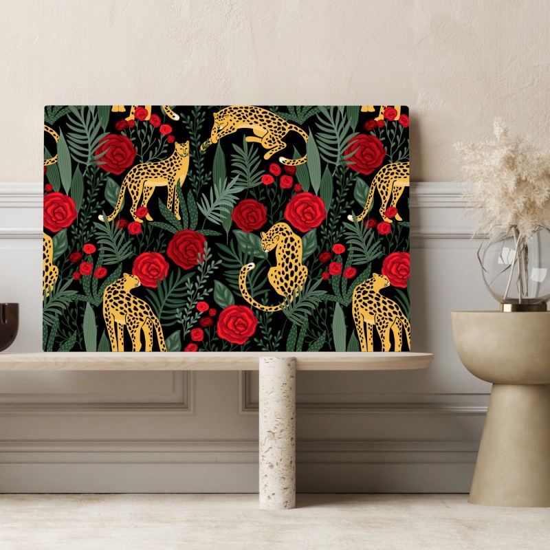 Obraz na płótnie złote gepardy i czerwone róże – Wallissimo® Obraz na płótnie złote gepardy i czerwone róże – Wallissimo®