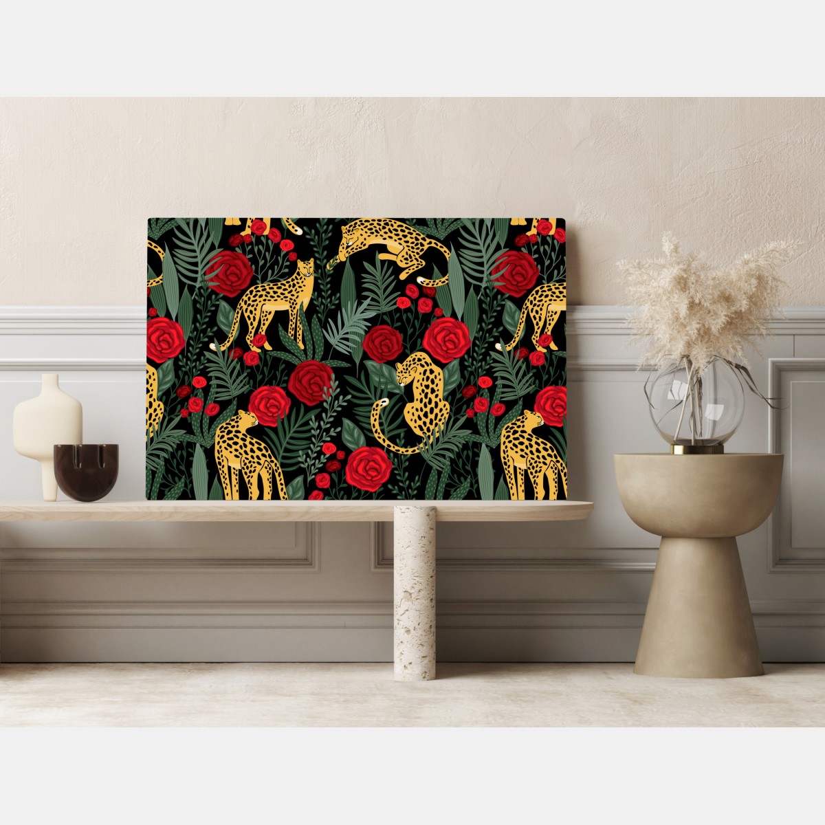 Obraz na płótnie złote gepardy i czerwone róże – Wallissimo® Obraz na płótnie złote gepardy i czerwone róże – Wallissimo®