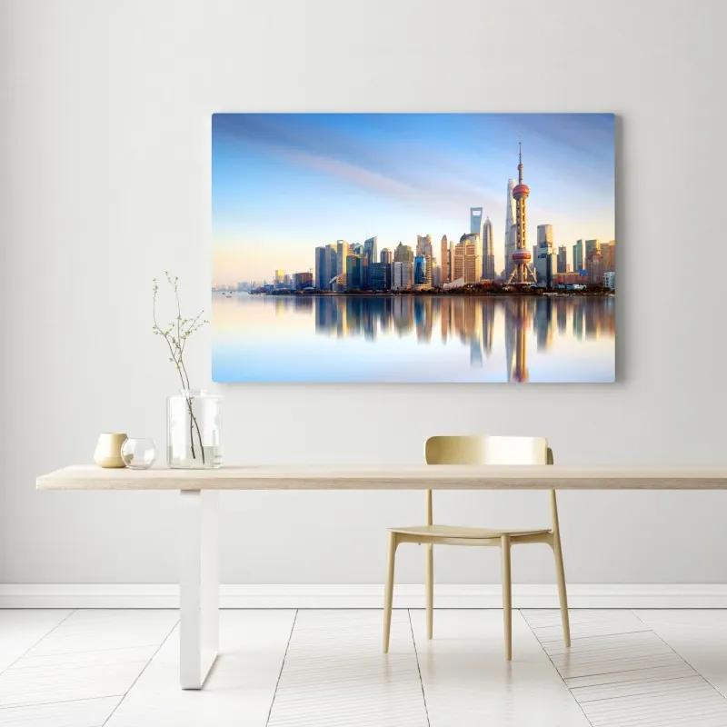 Obraz na płótnie Szanghaj linia horyzontu nad wodą – Wallissimo® Obraz na płótnie Szanghaj linia horyzontu nad wodą – Wallissimo®
