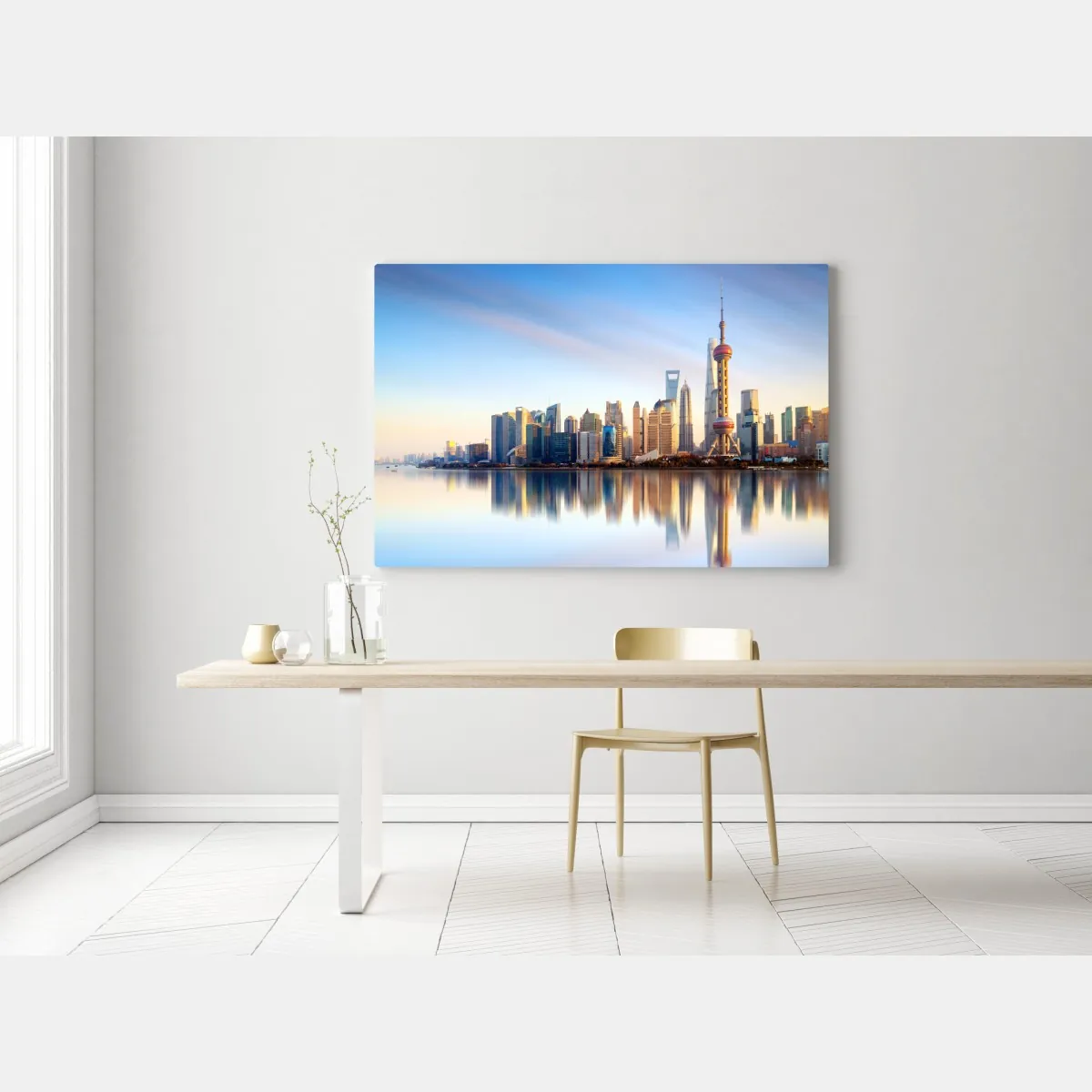 Obraz na płótnie Szanghaj linia horyzontu nad wodą – Wallissimo® Obraz na płótnie Szanghaj linia horyzontu nad wodą – Wallissimo®