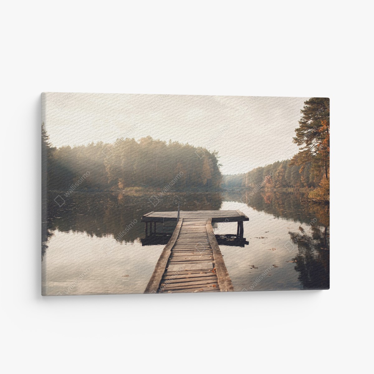Canvas print autumn morning at the lakeside dock