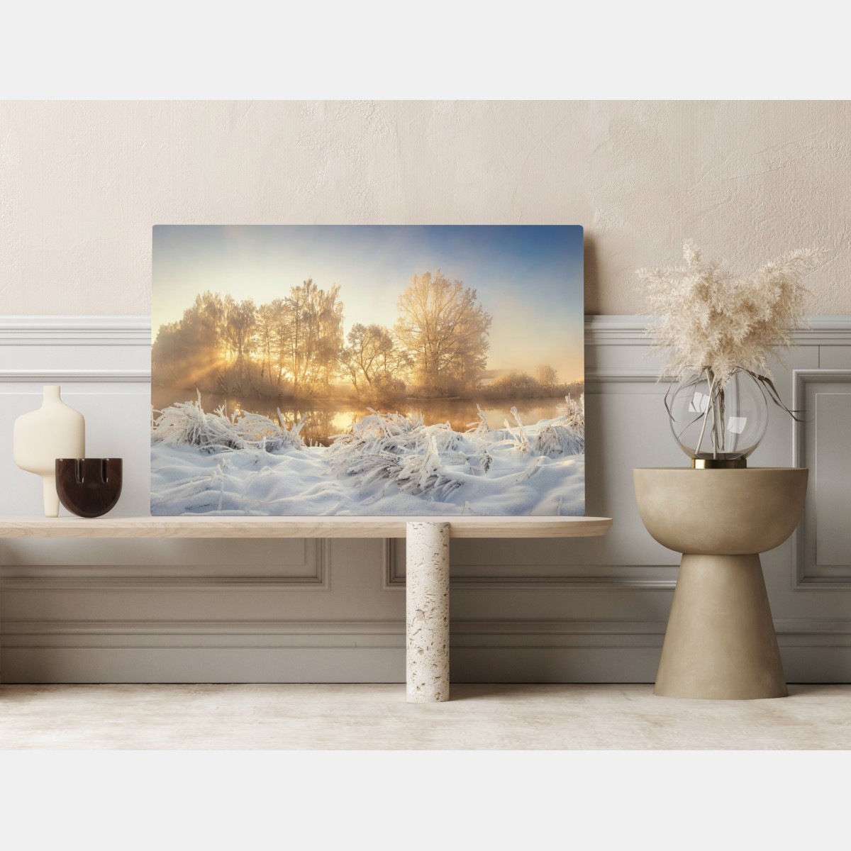Obraz na płótnie złoty zimowy wschód słońca nad mroźną rzeką – Wallissimo® Obraz na płótnie złoty zimowy wschód słońca nad mroźną rzeką – Wallissimo®