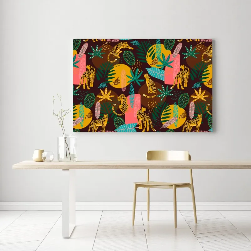Obraz na płótnie tropikalny wzór z gepardami i żywą roślinnością – Wallissimo® Obraz na płótnie tropikalny wzór z gepardami i żywą roślinnością – Wallissimo®