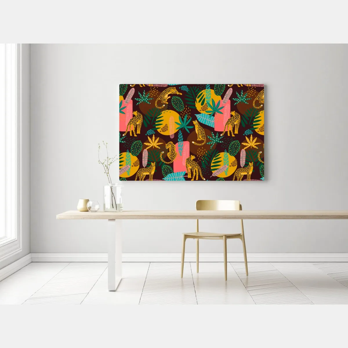 Obraz na płótnie tropikalny wzór z gepardami i żywą roślinnością – Wallissimo® Obraz na płótnie tropikalny wzór z gepardami i żywą roślinnością – Wallissimo®