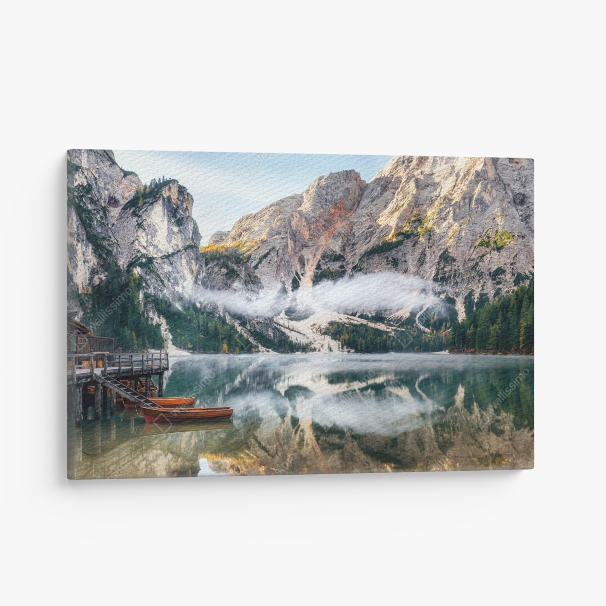 Canvas print misty alpine lake reflection