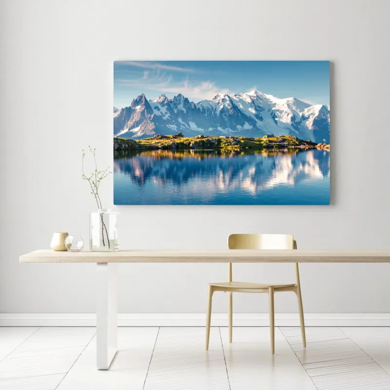 Obraz na płótnie panorama Mont Blanc odbita w Lac Blanc – Wallissimo® Obraz na płótnie panorama Mont Blanc odbita w Lac Blanc – Wallissimo®