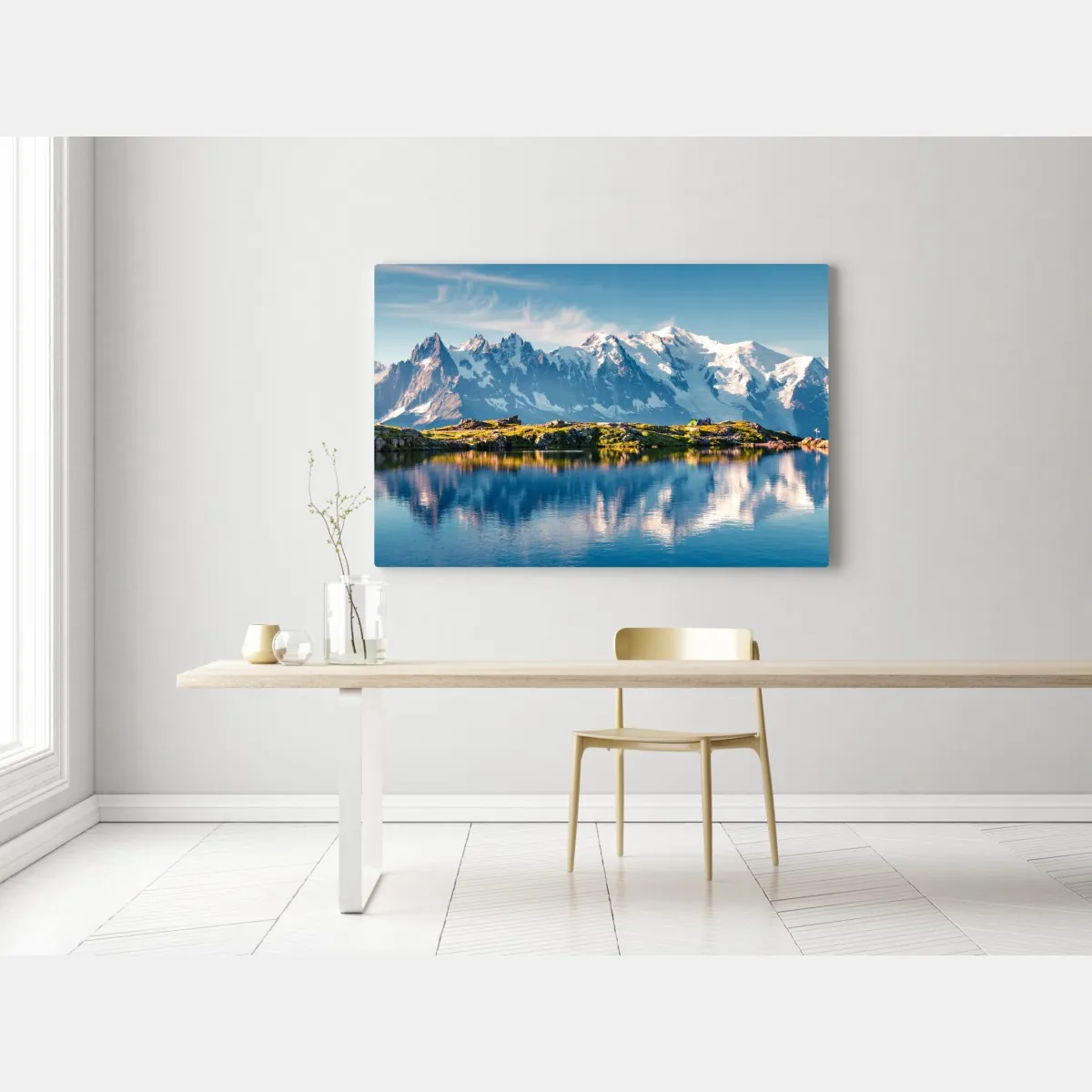 Obraz na płótnie panorama Mont Blanc odbita w Lac Blanc – Wallissimo® Obraz na płótnie panorama Mont Blanc odbita w Lac Blanc – Wallissimo®