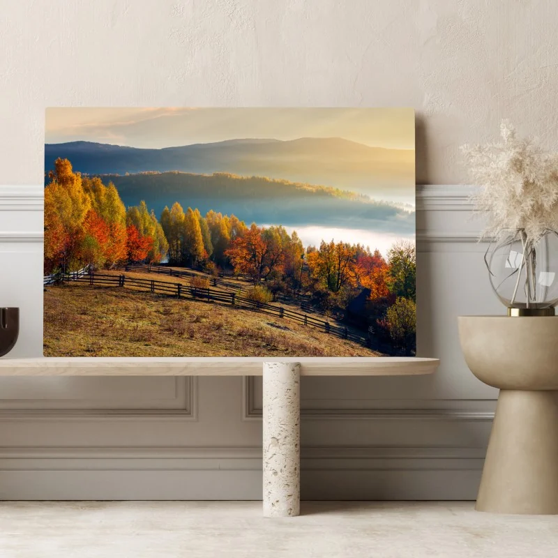 Obraz na płótnie mglisty jesienny wschód słońca na wsi – Wallissimo® Obraz na płótnie mglisty jesienny wschód słońca na wsi – Wallissimo®