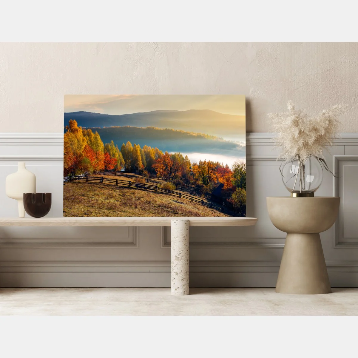 Obraz na płótnie mglisty jesienny wschód słońca na wsi – Wallissimo® Obraz na płótnie mglisty jesienny wschód słońca na wsi – Wallissimo®