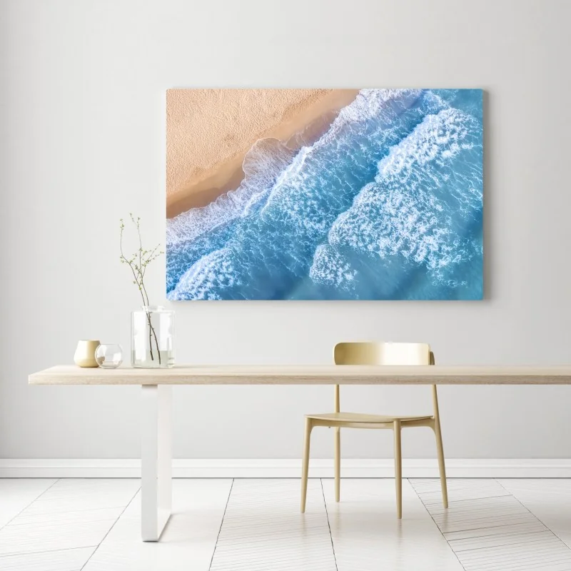 Obraz na płótnie widok z lotu ptaka na turkusowe fale i piaszczystą plażę – Wallissimo® Obraz na płótnie widok z lotu ptaka na turkusowe fale i piaszczystą plażę – Wallissimo®