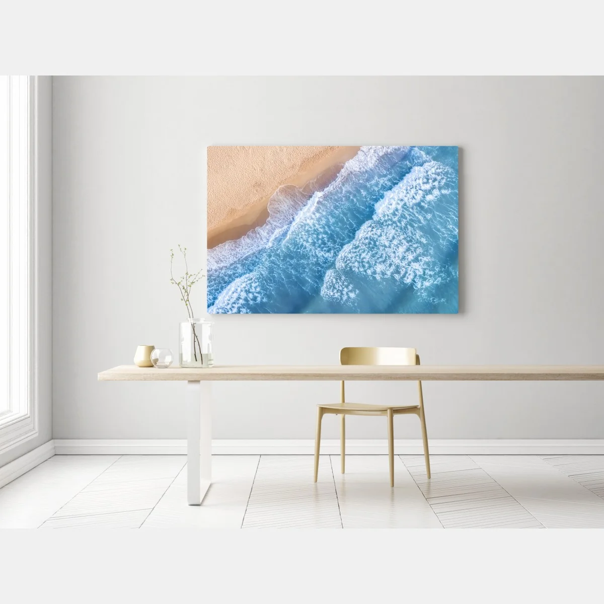 Obraz na płótnie widok z lotu ptaka na turkusowe fale i piaszczystą plażę – Wallissimo® Obraz na płótnie widok z lotu ptaka na turkusowe fale i piaszczystą plażę – Wallissimo®