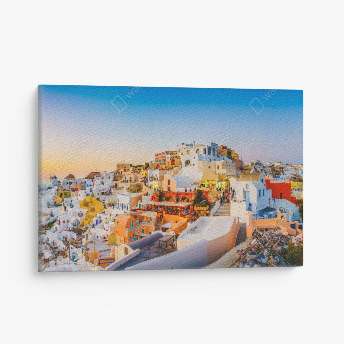 Canvas print sunset over Santorini village panoramic view