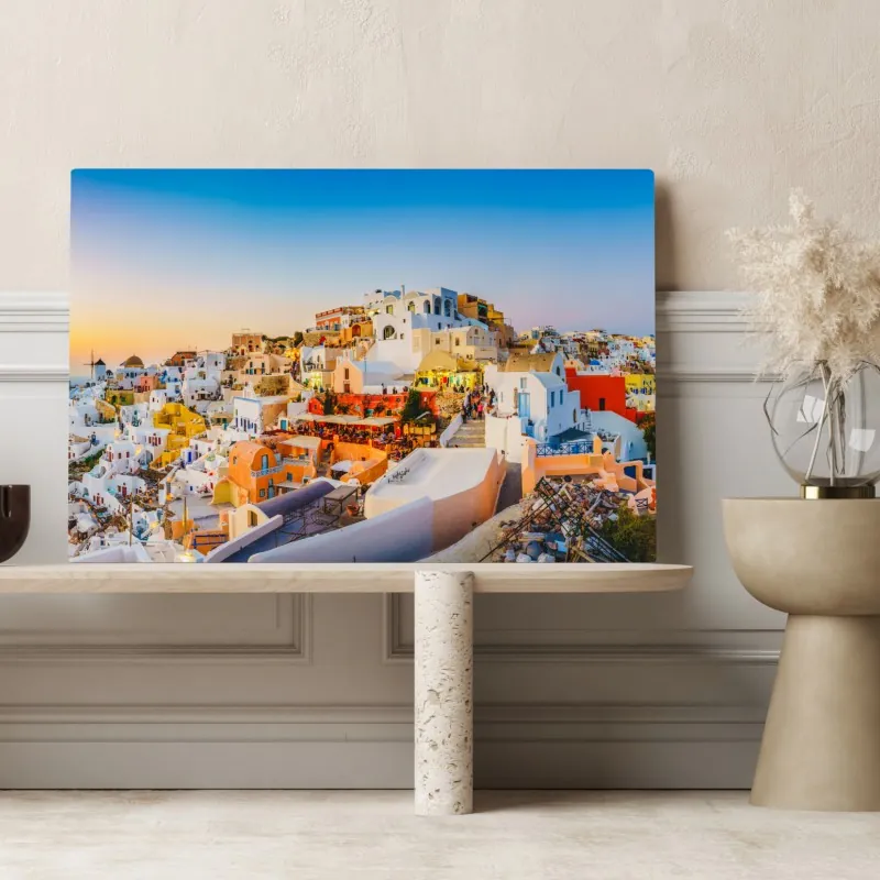 Obraz na płótnie zachód słońca nad Santorini panoramiczny widok – Wallissimo® Obraz na płótnie zachód słońca nad Santorini panoramiczny widok – Wallissimo®