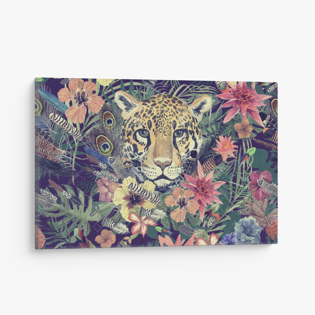 Canvas print vintage watercolor leopard in tropical foliage