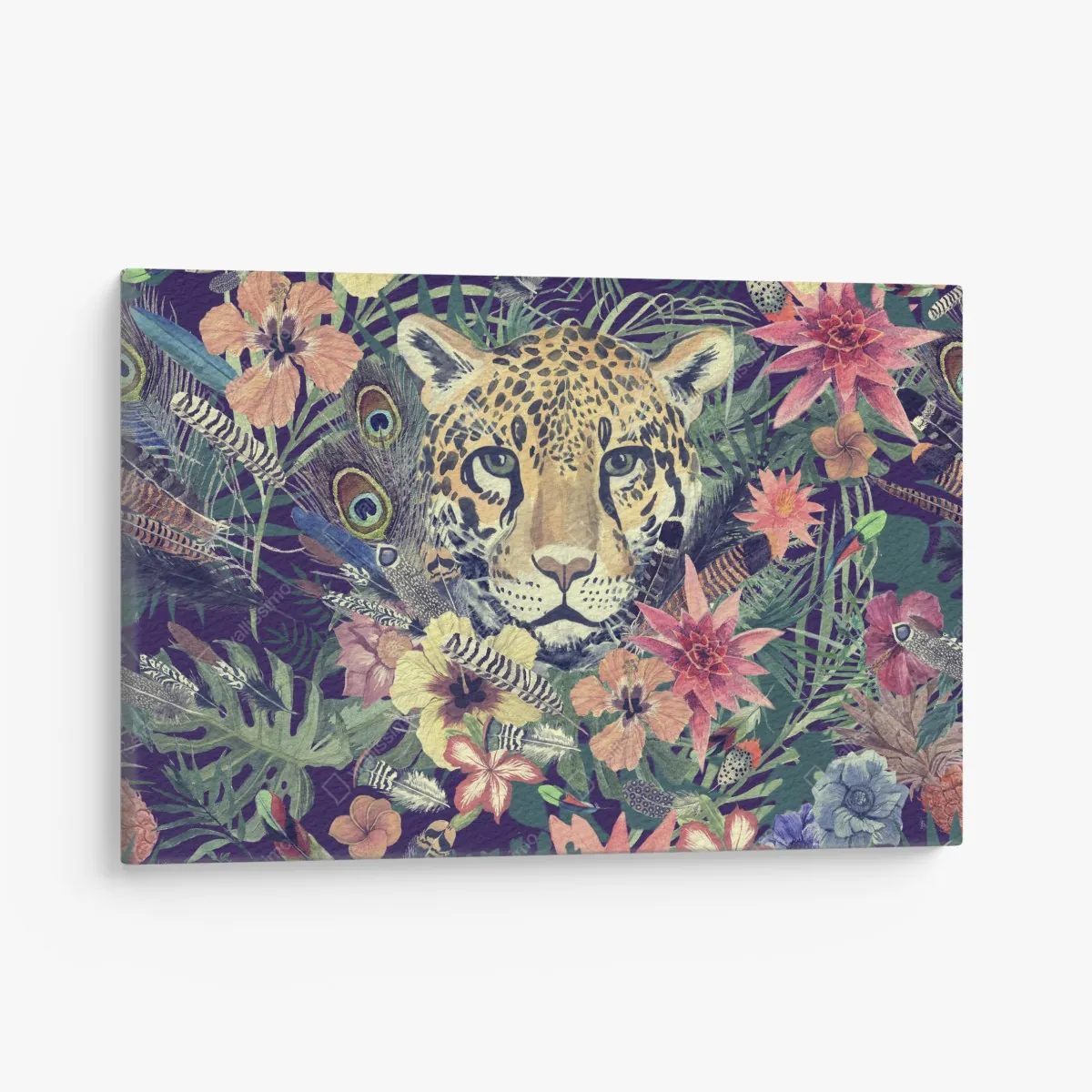 Obraz na płótnie vintage akwarelowy lampart w tropikalnych liściach – Wallissimo® Obraz na płótnie vintage akwarelowy lampart w tropikalnych liściach – Wallissimo®